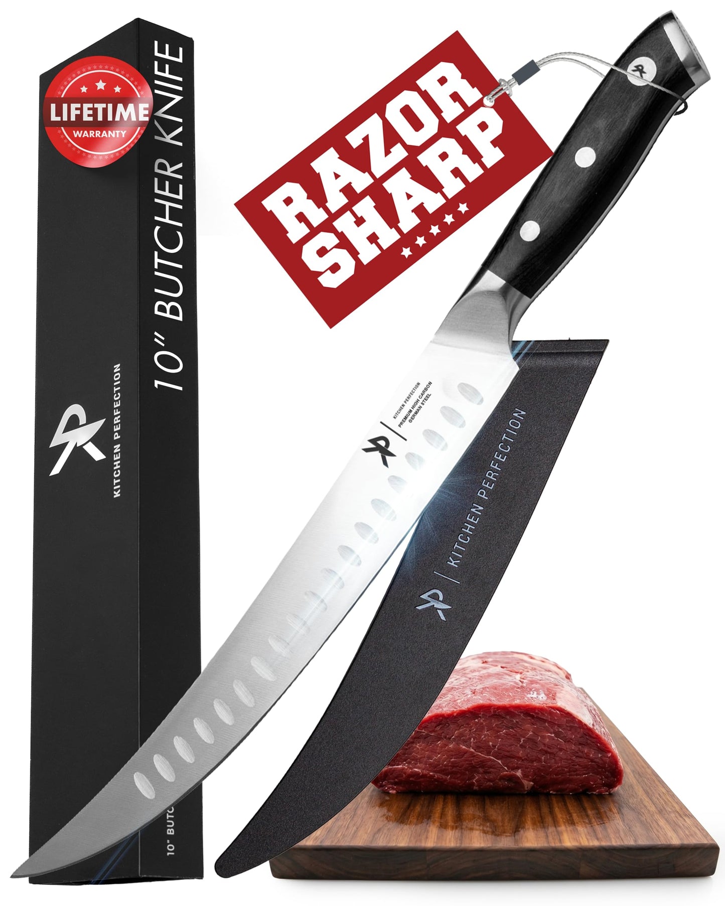 KITCHEN PERFECTION 10” Butcher Knife for Meat Cutting & Trimming-Ultra Sharp Cimeter Breaking Carving Knife with Sheath- Premium German Steel,Full Tang Ergonomic Handle -Perfect Grilling Gifts for Men