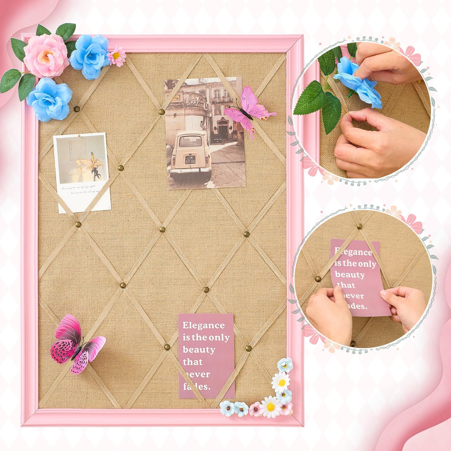 DoubleFill Pink Bulletin Board 21"×27" Pink Linen Fabric Decorative Board Hanging Memo Boards with 20 Pushpins for Women Office Large Cork Bulletin Boards for Home & Office Wall Decor Photos Display