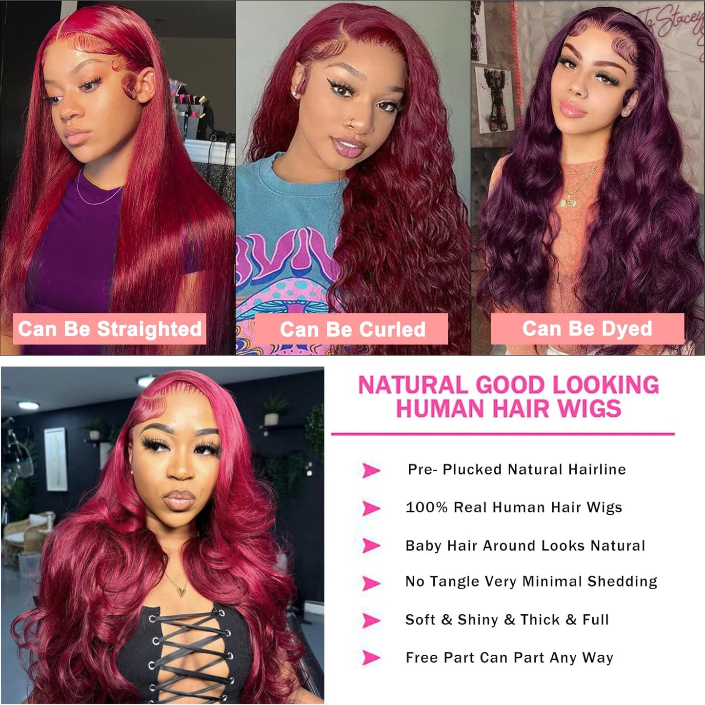13X6 Burgundy Lace Front Wigs Human Hair 180% Density Body Wave Red Wig Human Hair Pre Plucked 12A Brazilian Virgin Hd Lace Frontal 99J Human Hair Wig Natural Hairline With Baby Hair(Burgundy, 24inch)