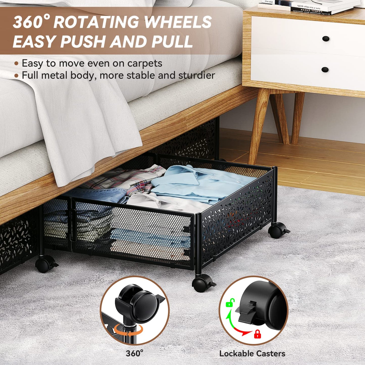 PHINOX Under Bed Storage Containers with Wheels, Under Bed Shoe Storage Organizer Drawer, Tool-free Assembly Metal Storage Containers for Bedroom Clothes Shoes Blankets -2PCK