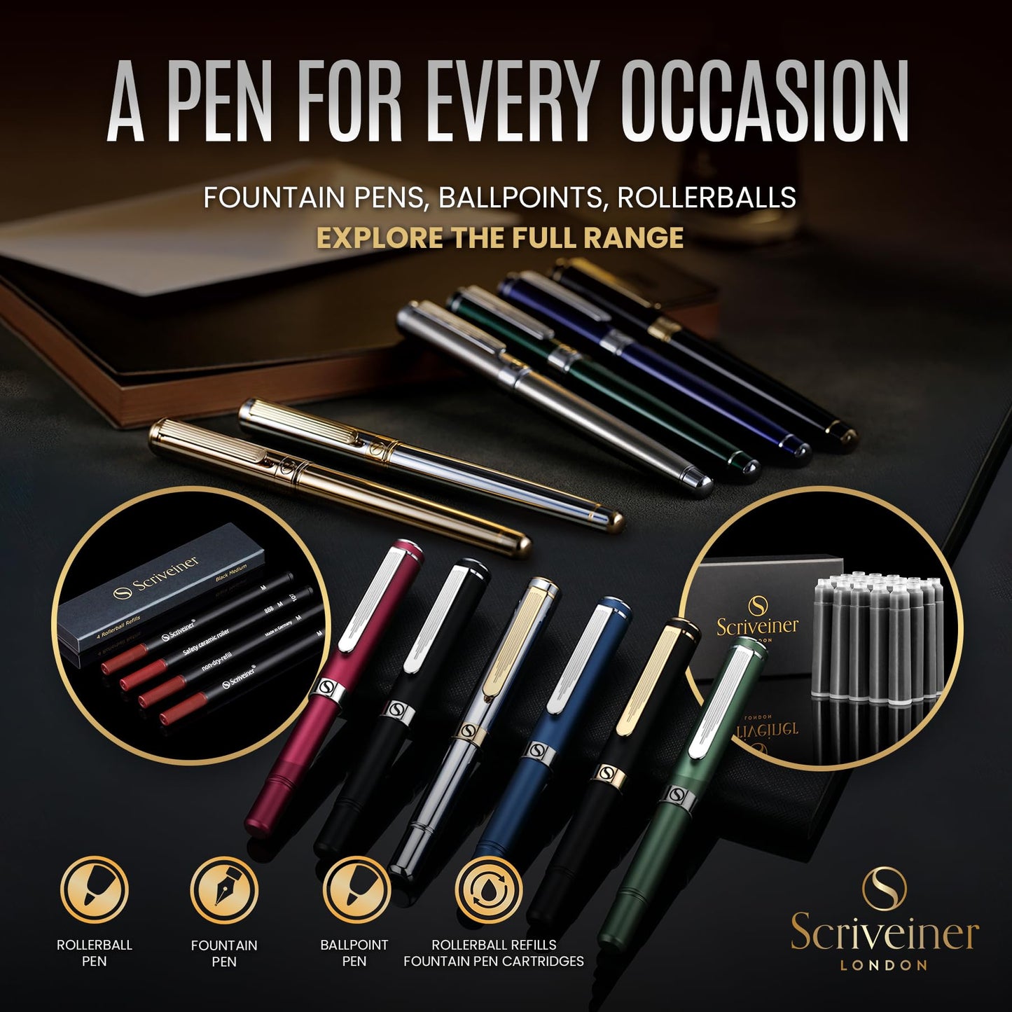 Scriveiner Luxury EDC Fountain Pen (Medium), Stunning Heavy Brass Pocket Pen, Hand Brushed Copper Finish, Schmidt German Nib Converter, Best Writing Pen Gift Set for Men Women, Nice Fancy Designer Pen