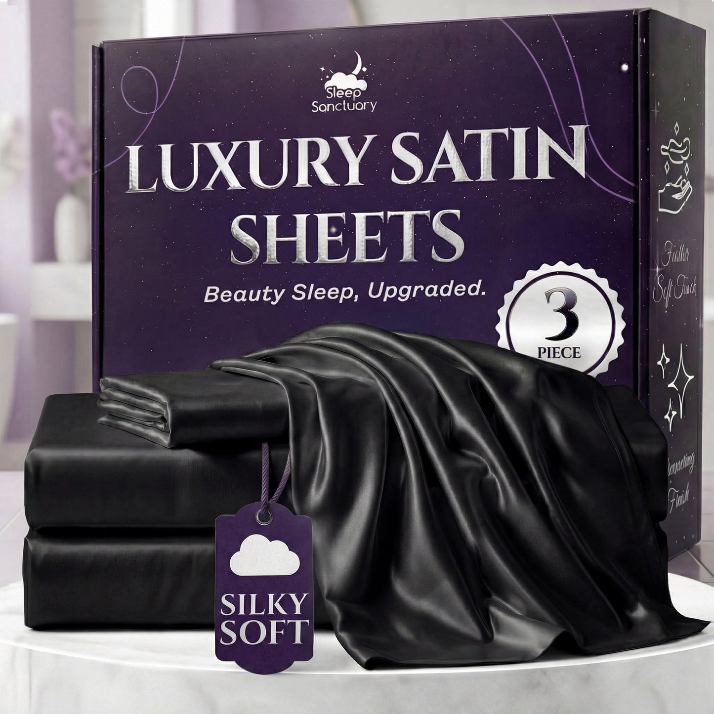 SLEEP SANCTUARY Satin Sheets Queen Size – 4 Piece Luxury Silky Bed Set, Softer Than Silk, 15" Deep Pocket, Cooling & Wrinkle-Free, Moisture-Wicking & Breathable for Hair & Skin (Black)