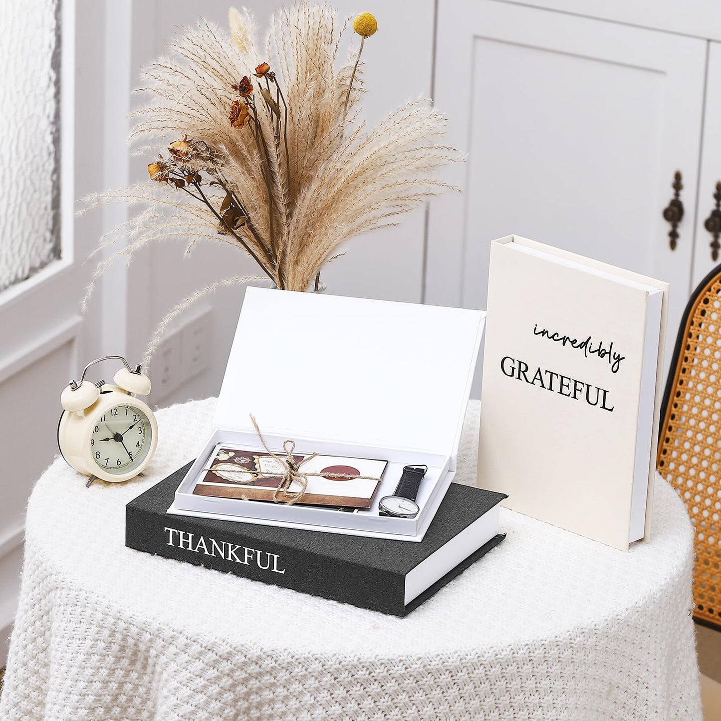Weysat Set of 3 Thankful Grateful Blessed Decorative Books for Home Decor Linen Faux Books Stacked Neutral Modern Aesthetic Fake Storage Boxes for Coffee Table, Bookshelf or Mantle Display