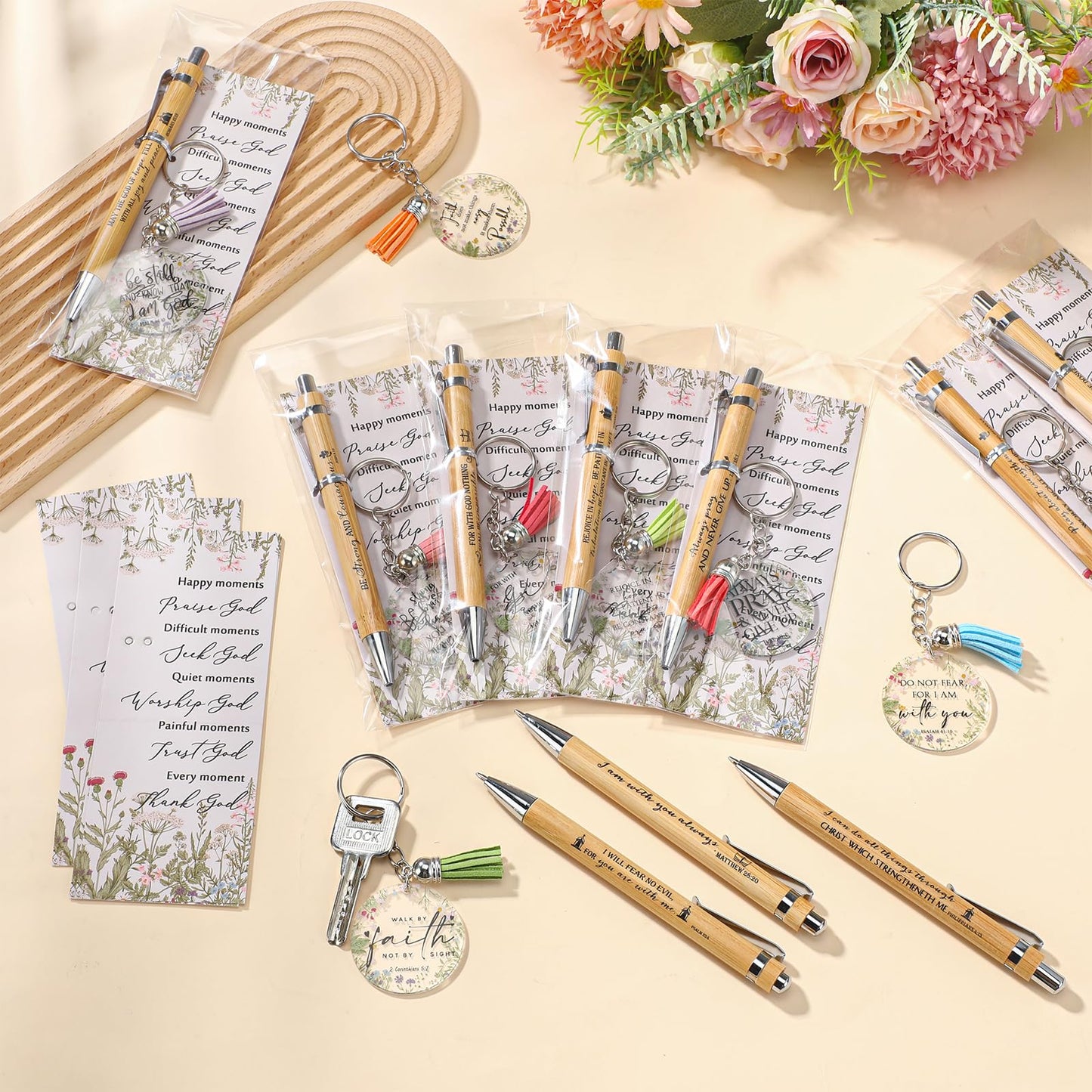 Spakon 50 Sets Fathers Day Christian Gifts Bulk Bible Verse Bamboo Pen Christian Floral Keychain Inspirational Bookmark Religious Church Gift for Church Members Women Sunday School Teacher (Bible)