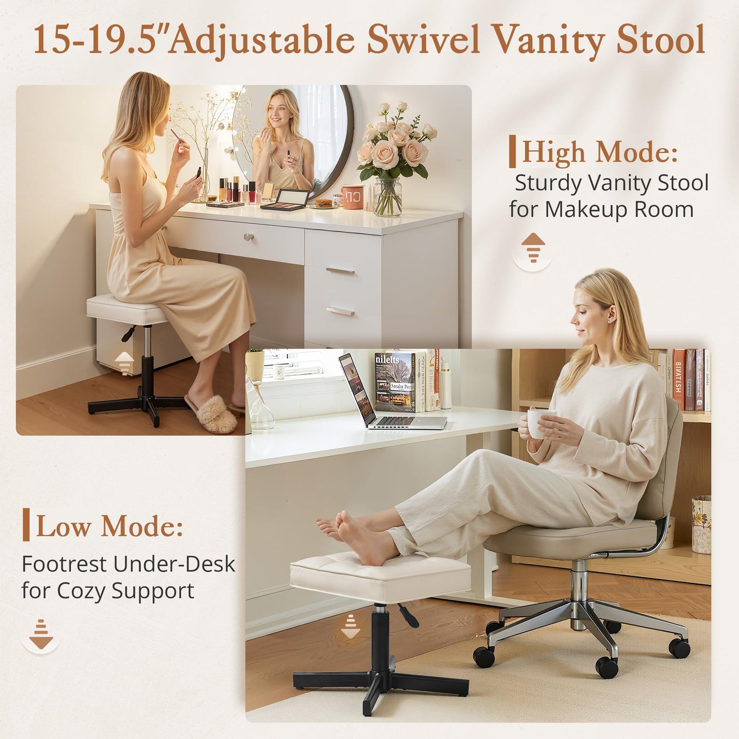 LUE BONA Adjustable Vanity Stool, 15''-19.5'' Foot Rest Under Desk, 360° Swivel Vanity Chair for Makeup Room, Cream Upholstered Faux Leather Ottoman for Bathroom & Living Room, 300lbs