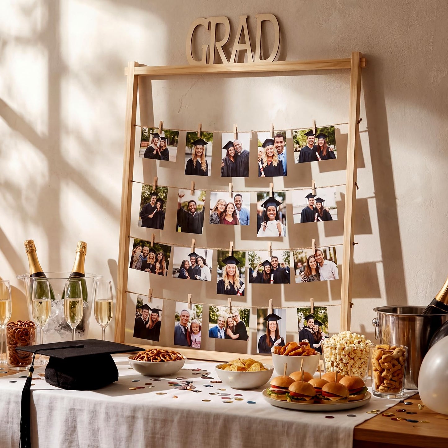 Cinnvoice Graduation Wooden Photo Display Board 30.4 x 26.5 Inch Grad Pictures Display Frame with 24 Clips Large Pictures Board for Graduation Party Hanging Photos Postcards Greeting Cards