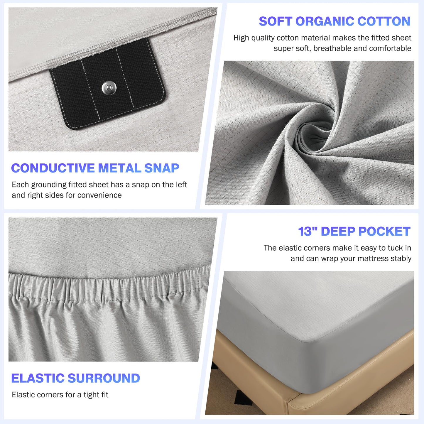 Grounding Sheets Queen Size, Earth Grounded Fitted Bed Sheet with 10% Pure Silver Fiber + 90% Organic Cotton, for Improved Sleep & Wellness (Gray, Queen - 80"x60"x15")