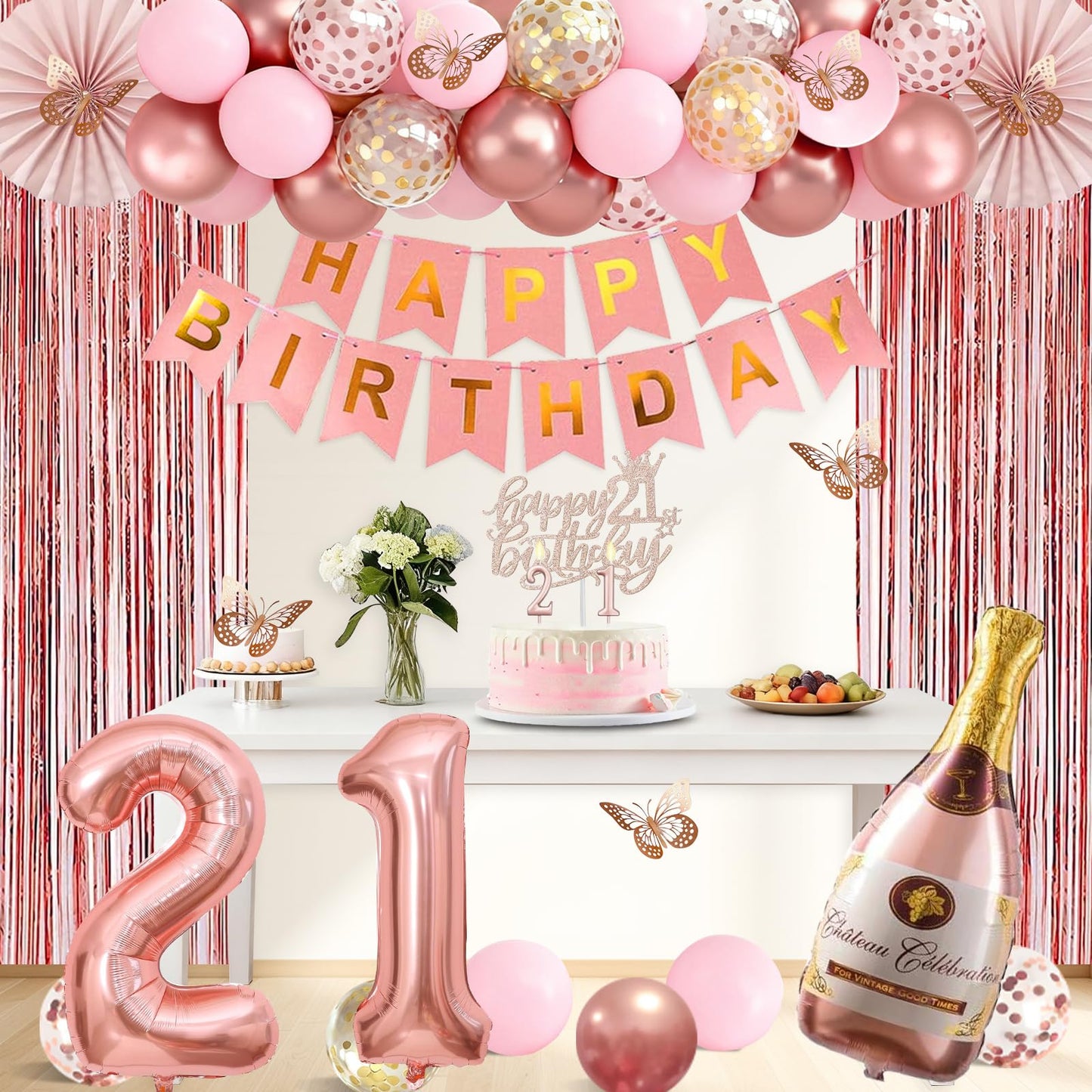 21st Birthday Decorations for Her, Rose Gold Happy 21st Birthday Decorations for Girls, 21 Sash and Crown, Banner, Fringe Curtains, Hanging Paper Fans, 21 Year Old Party Supplies Set