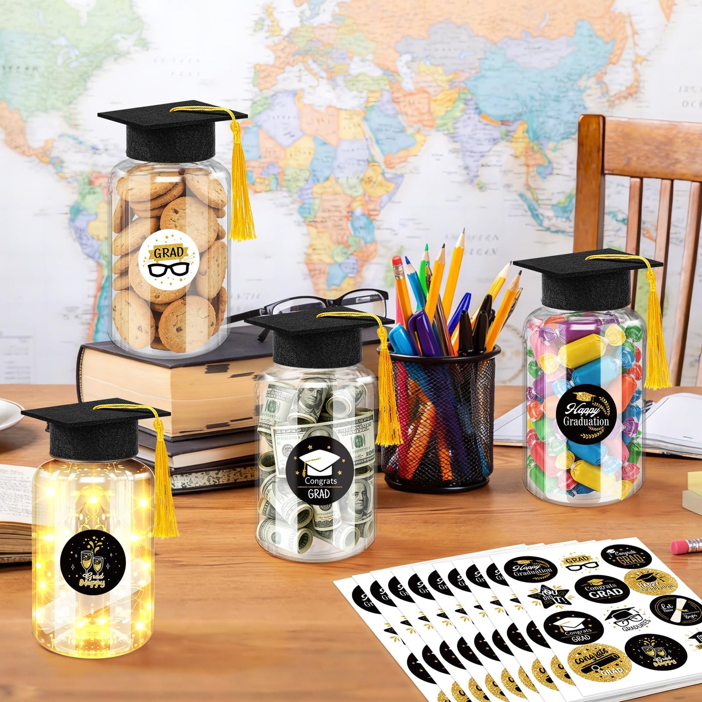 Phoncoo 16 Sets 2026 Graduation Table Decoration with LED Lights, Mason Jar Graduation Centerpieces for Tables with Grad Cap, Stickers for College High Middle School Grad Party Supplies Gifts(Black)