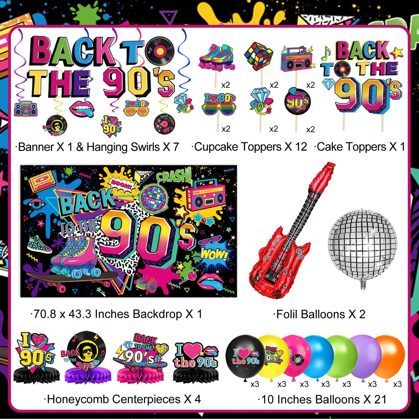 90s Party Decorations Includes 90's Backdrop, Foil & Latex Balloons, Cake & Cupcake Toppers, Honeycomb Centerpieces Banner, Hanging Swirls for 80s 90s Party Decorations