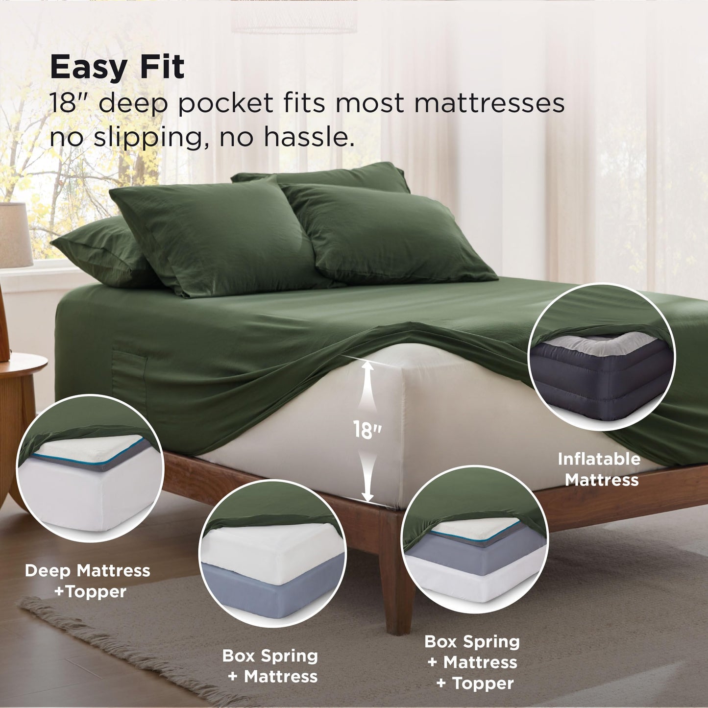 Bedsure Deep Pocket King Sheet Set - 6 Piece, Prewashed Ultra-Soft King Size Sheets Set, Fits Mattresses Up to 18 Inches Thick, Breathable & Secure Fit, Hotel Luxury Bedding, Olive Green