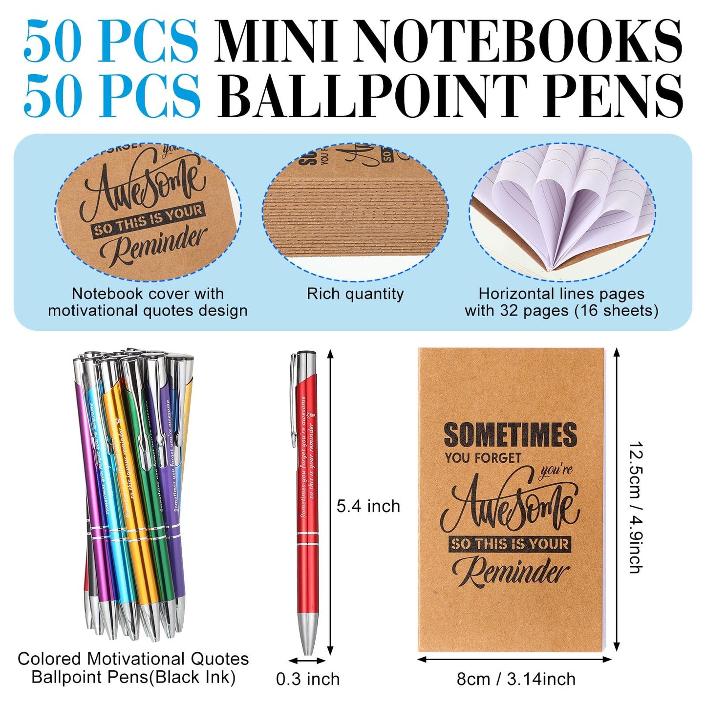Sabary 100 Pcs Inspirational Notepads Ballpoint Pens Sets Mini Motivational Pocket Notebooks Journals Bulk Christmas Teacher Appreciation Gifts for Office Supplies(Appreciation Gifts)