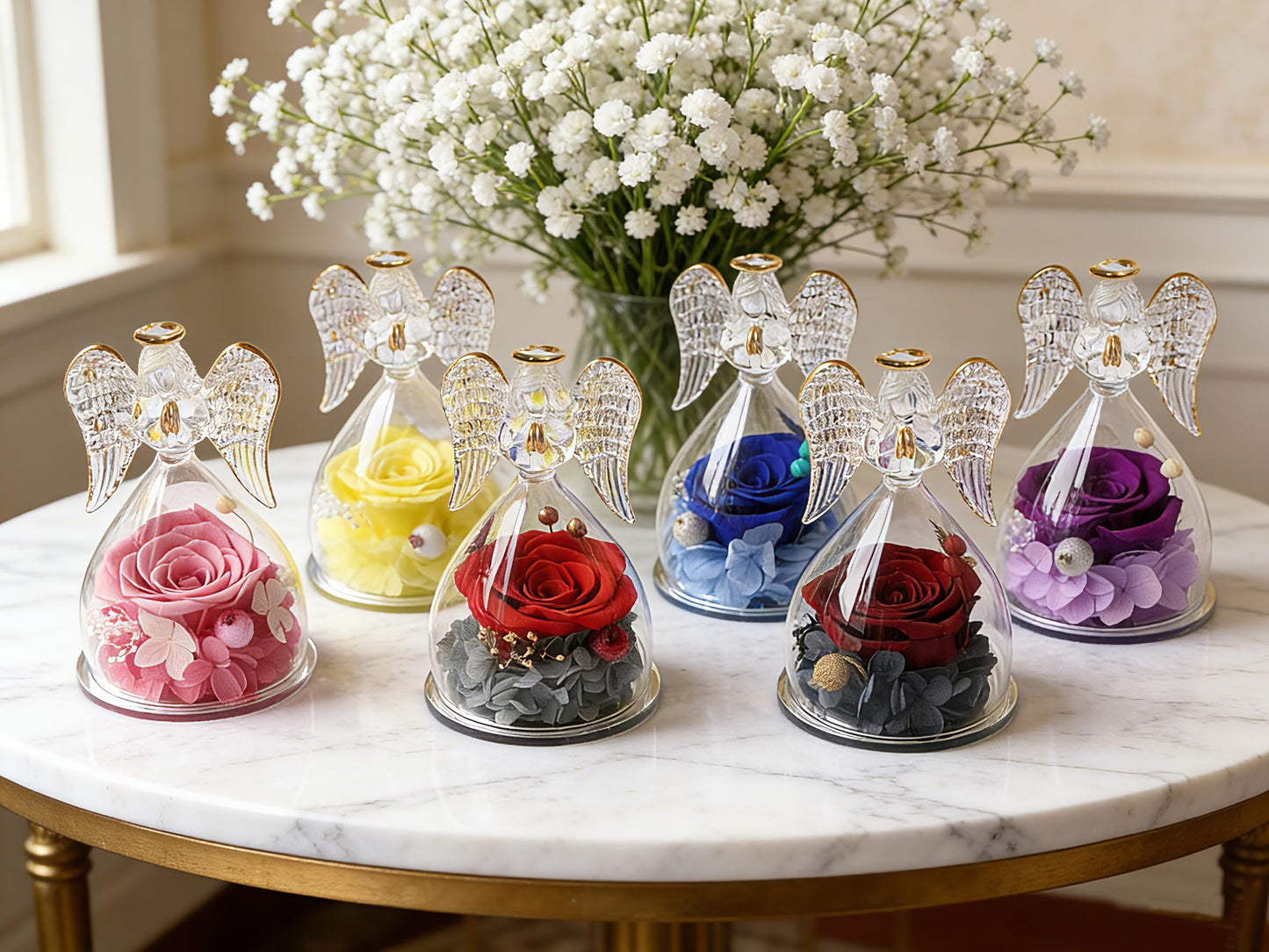 Yamonic Mom Birthday Gifts for Mom Grandma, Angel Figurines with Real Rose Gifts for Women Moms, Preserved Flowers Rose Glass Angel for Mothers Day Christmas Valentine's Day Gifts for Her(Purple)