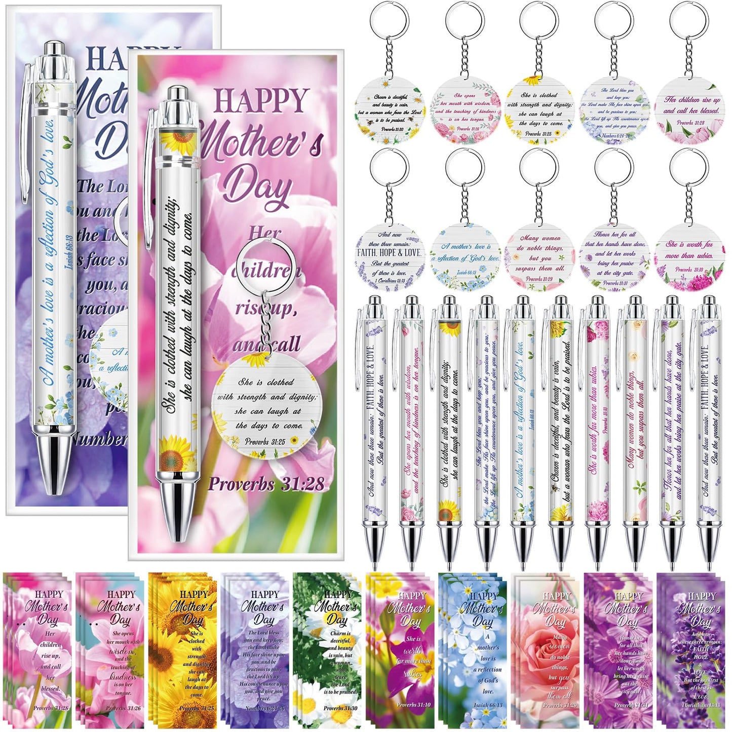 Glenmal 30 Sets Christian Mothers Gifts Bulk Bible Verse Ballpoint Pens Floral Scripture Keychain Religious Happy Mother's Day Bookmarkers Inspirational Church Gifts for Mom Prayer Supplies
