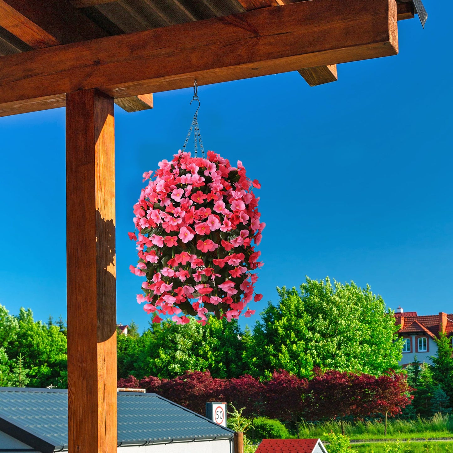 INQCMY Artificial Hanging Flowers Basket for Outdoors Spring Summer Decoration,Faux Silk Begonia in Planter Look Real UV Resistant for Outside Home Porch Patio Garden Balcony Yard Decor（Deep Pink）