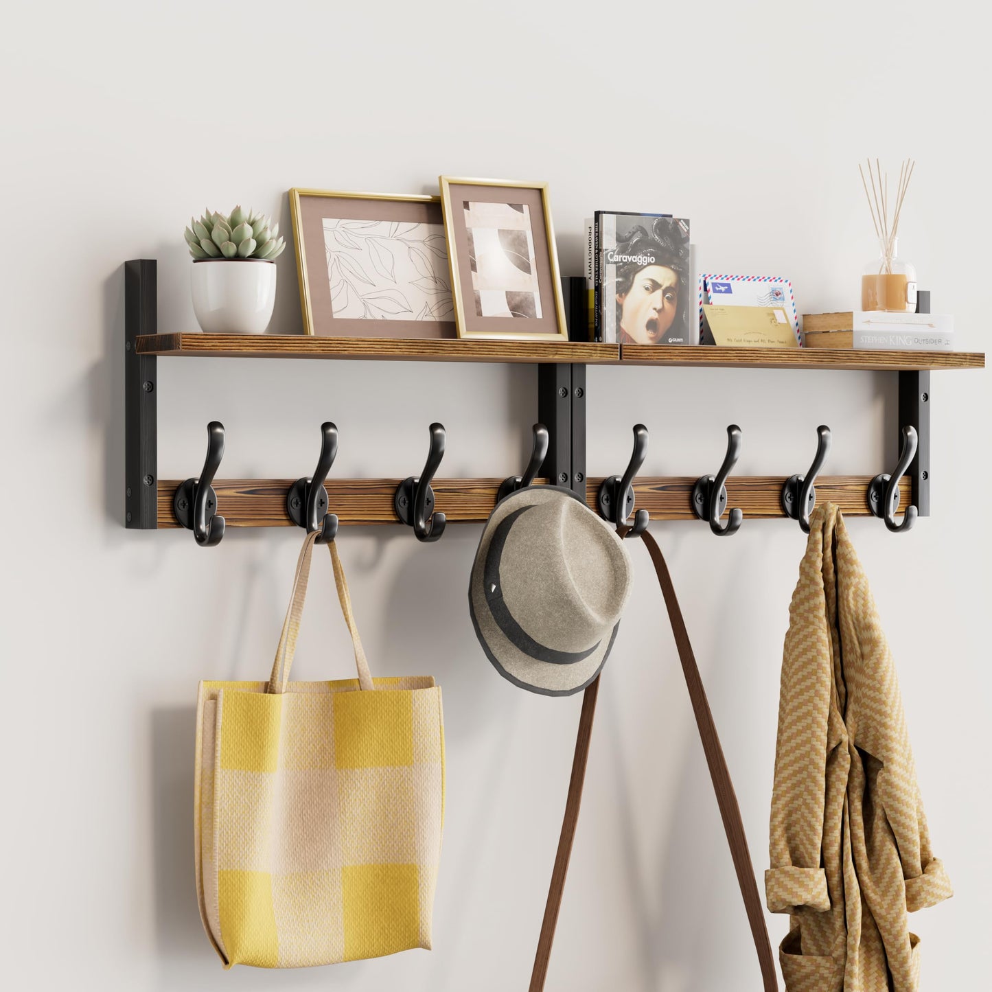 Segtenant 33 inch Coat Rack Wall Mount with Shelf, Entryway Wall Hooks with Shelf, Heavy Duty Coat Hanger Wall Mount for Living Room, Bedroom, Rustic Brown & Black