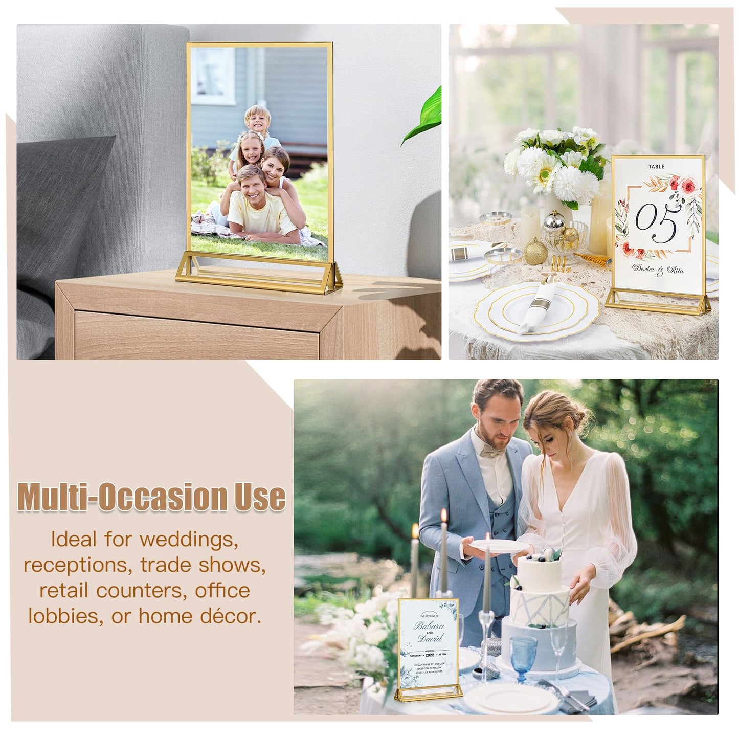 RETON 12 Pack Acrylic Sign Holder, A5 Clear Gold Frame Display Stand, Double Sided Picture Menu Flyer Holders, Wedding Table Number Frames for Cards Photo Party Decoration (A5)