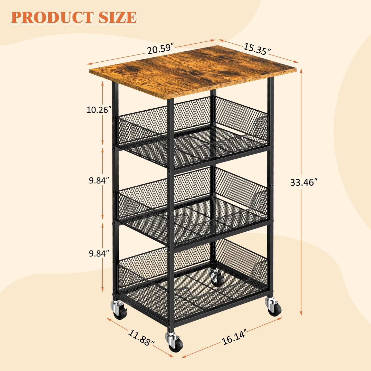 ThreeHio Rolling Kitchen Microwave Cart with Fruit Baskets, 4 Tier Microwave Table Stand with Storage, Kitchen Storge Shelf on Wheels Small Rolling Cart Organizer Rack for Pantry, Living Room