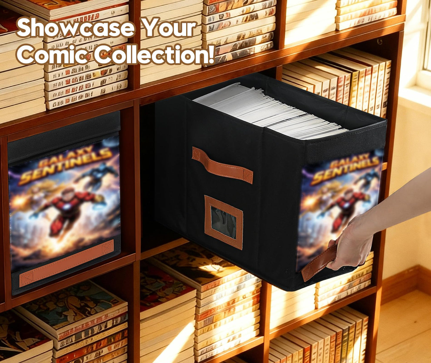 Wanapure Comic Book Storage Box with Display Window, 3-Pack Collapsible Storage Case, Holds 150 Modern & Silver Age Comics Each, Heavy Duty, Stackable & Waterproof, Black
