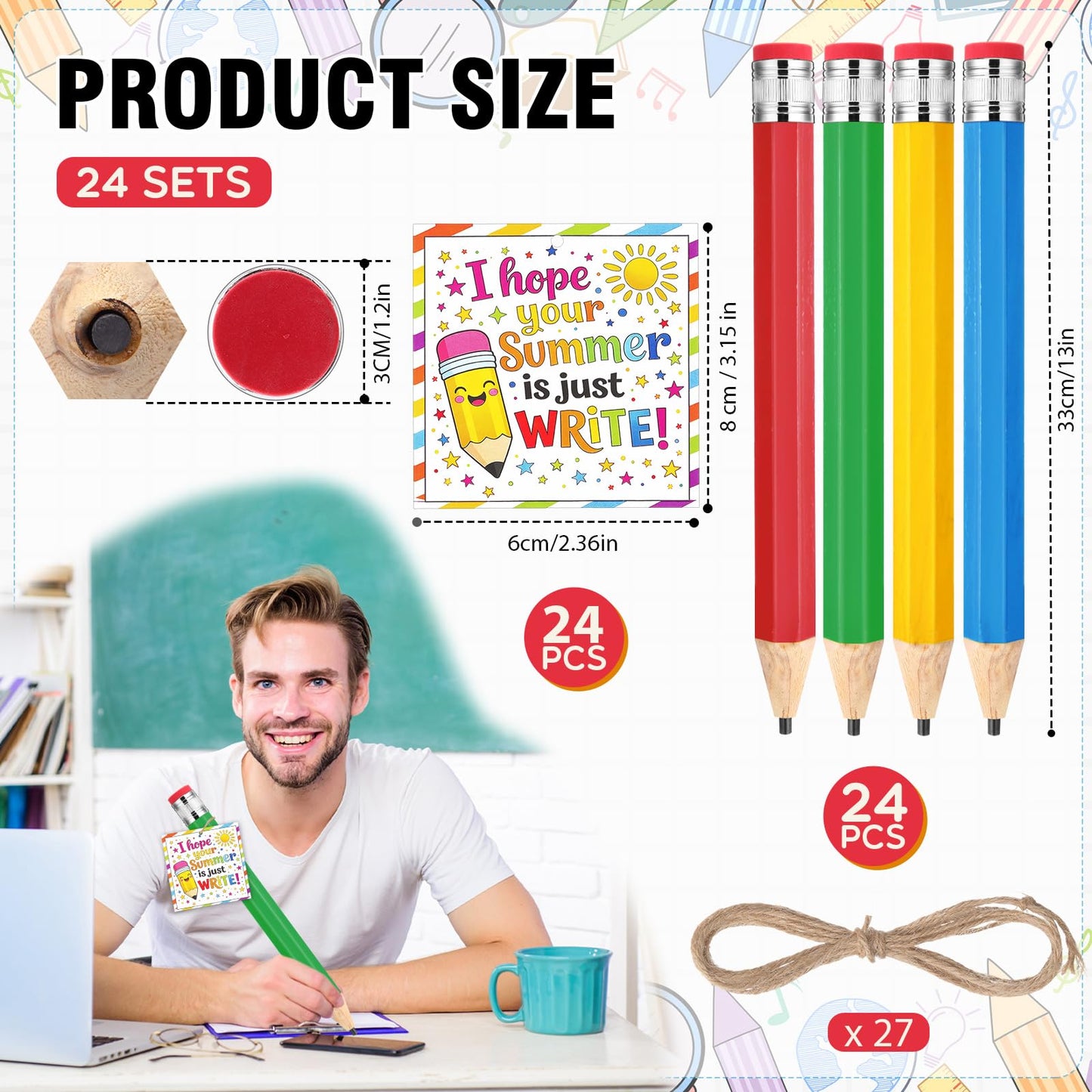 Humyoun 24 Sets End of the Year Student Gifts 13 Inch Big Wooden Jumbo Pencils Set of Giant Pencil Prop with Summer Greeting Card Large Pencils with Cap Preschool Kindergarten Graduation Gift