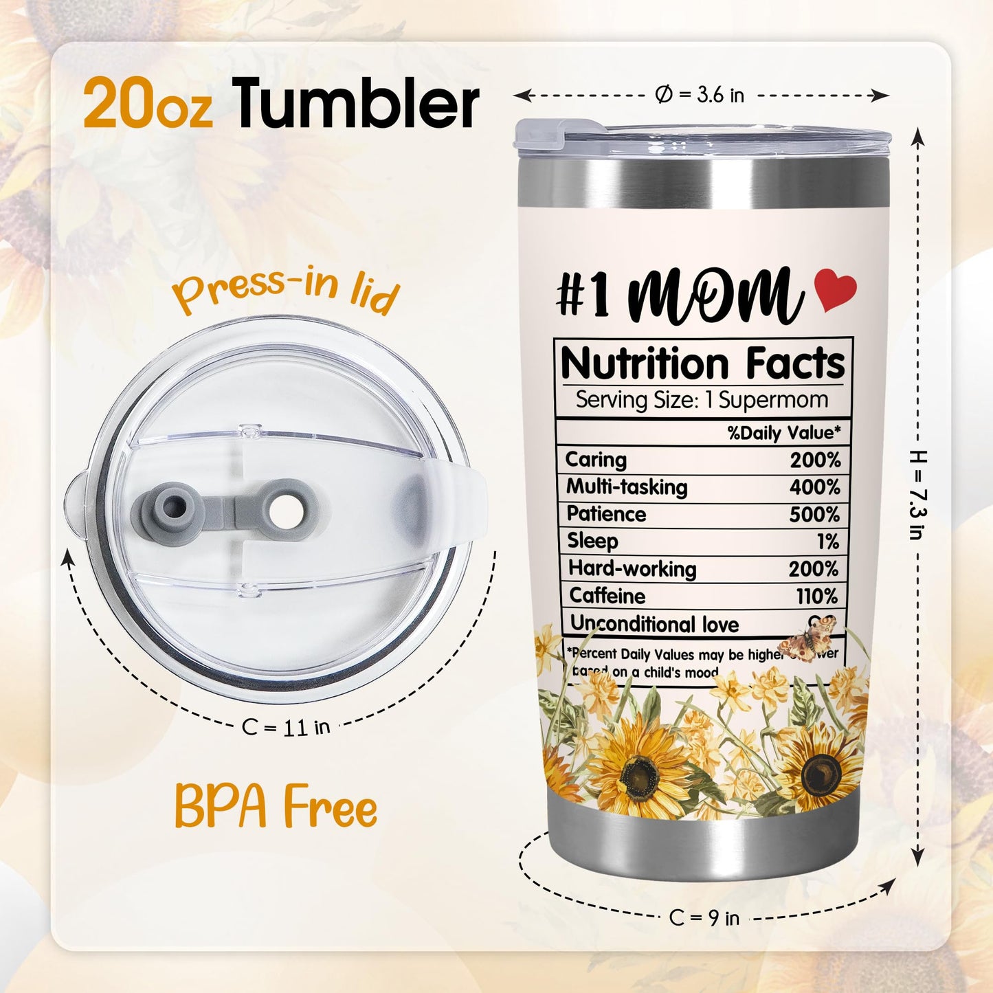TEEZWONDER Mothers Day Gifts for Mom from Daughter Son - #1 Nutrition Facts Sunflower Stainless Steel Insulated Coffee Tumbler with Lid 20 oz - Birthday Gifts for Mama Grandma Women