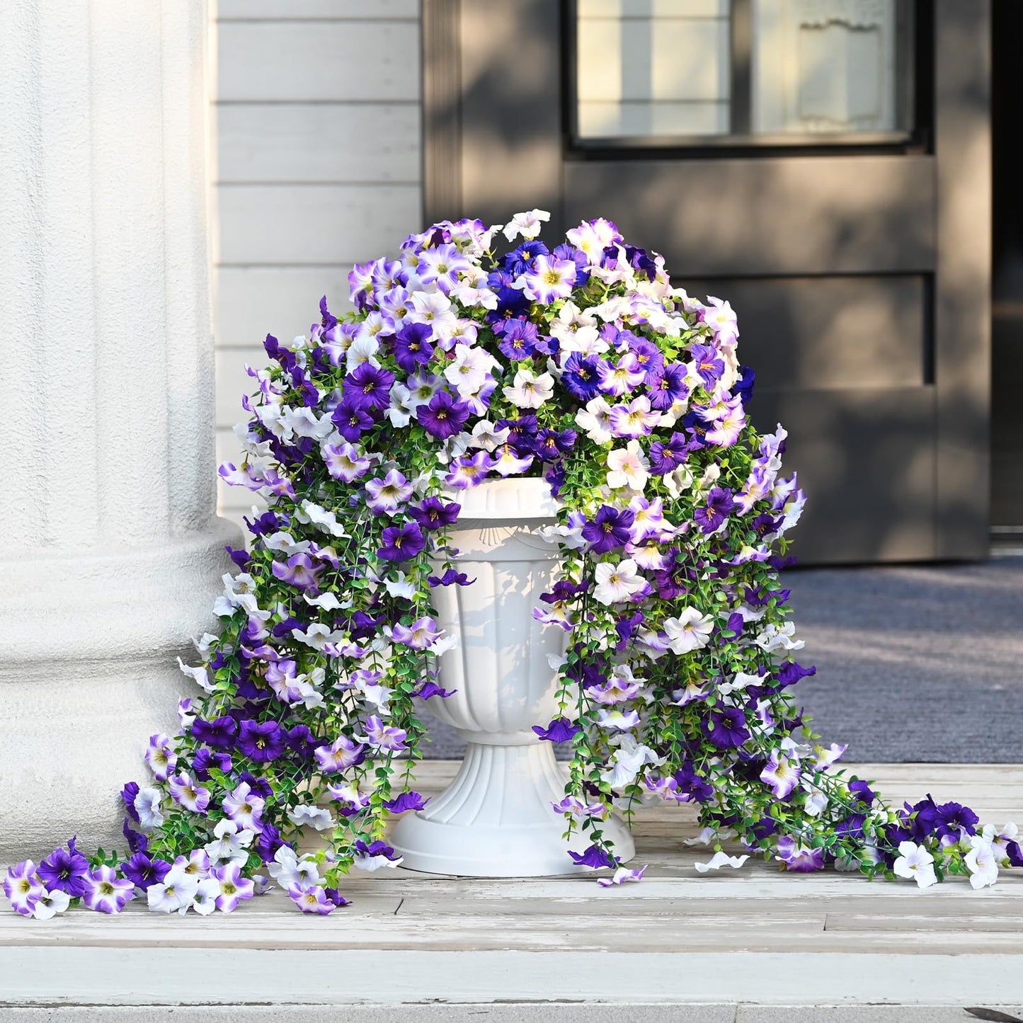 Waipfaru Artificial Petunias Flowers for Outdoors, 2 Pcs UV Resistant Fake Hanging Plants Spring Outside Decor, Faux Silk Flowers Long Trailing Vines for Outdoor Planters Porch Garden (Purple White)
