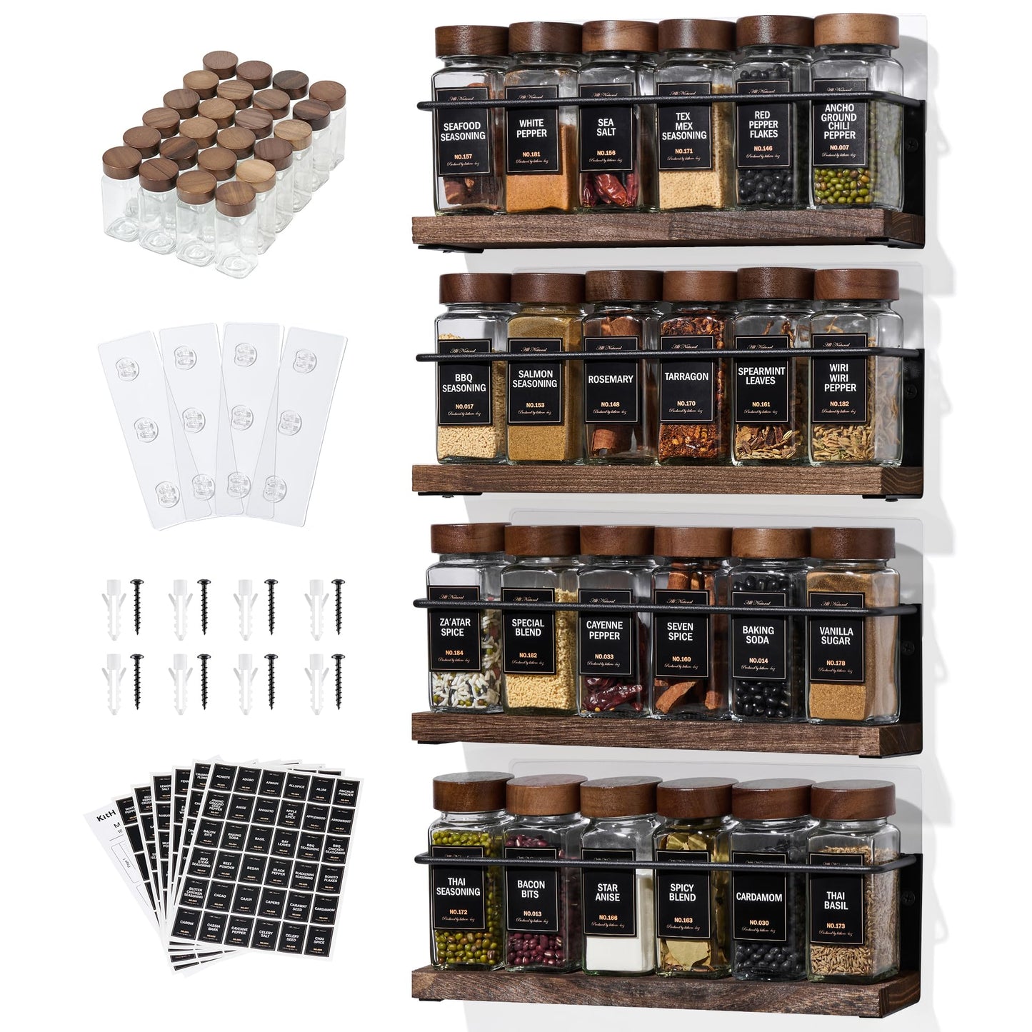 KitHero 4-Tier Wall Mount Spice Rack Organizer with 24 Glass Jars, 216 Labels & Funnel - Screw/Adhesive Mount, Black Metal & Wood Spice Storage for Kitchen Pantry Cabinet, 11.6”W x 2.4”D x 3.2”H