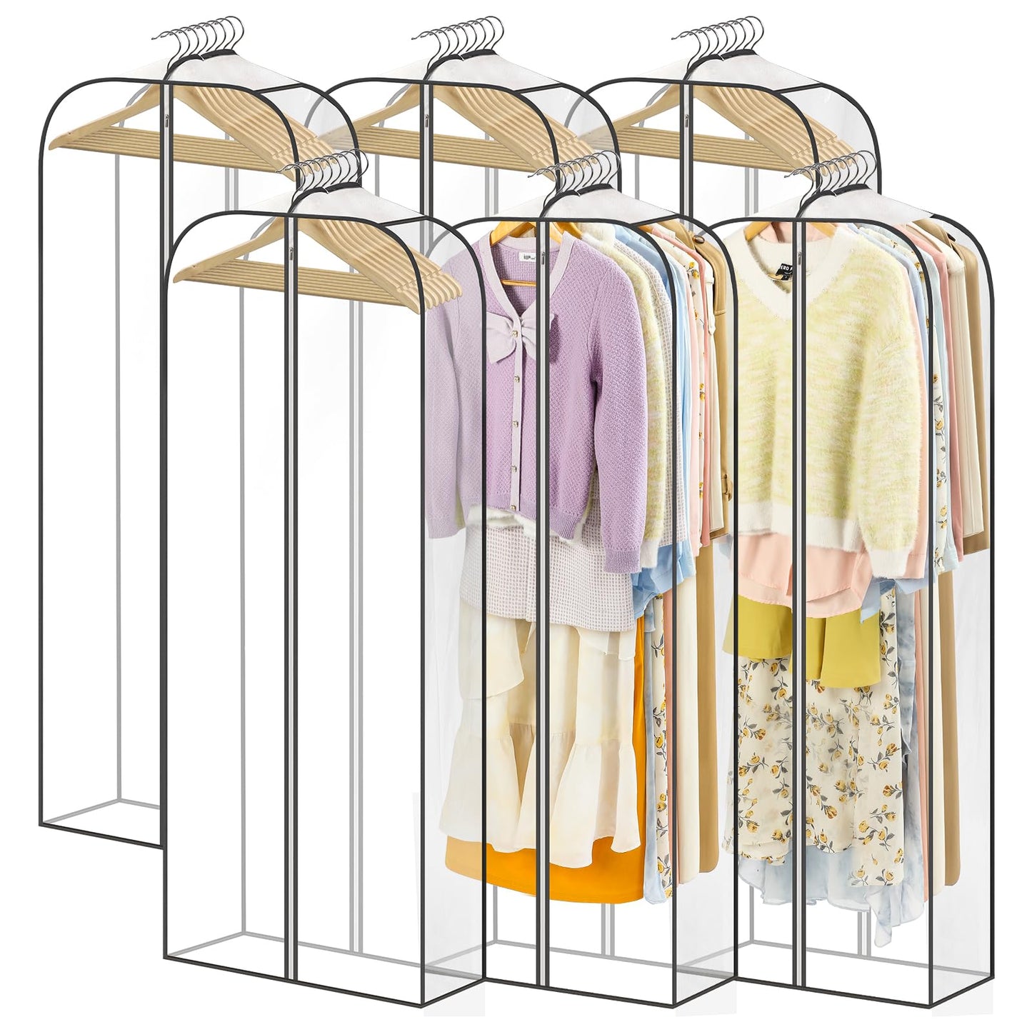 LANDNEOO 6 Pack Clear Garment Bags for Hanging Clothes with Zippers on Double Sides - 10'' Clothes Storage for Coat, Dress, and Fur in Closet - 60'' Long Suit Bags