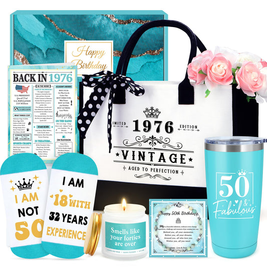 50th Birthday Gifts for Her 50 Year Old Gifts for Women Turning 50 and Fabulous Gift Ideas for Woman Cool 1976 Birthday Gift for Woman Happy 50th Bday Decorations Basket for Mom Daughter with Tumbler