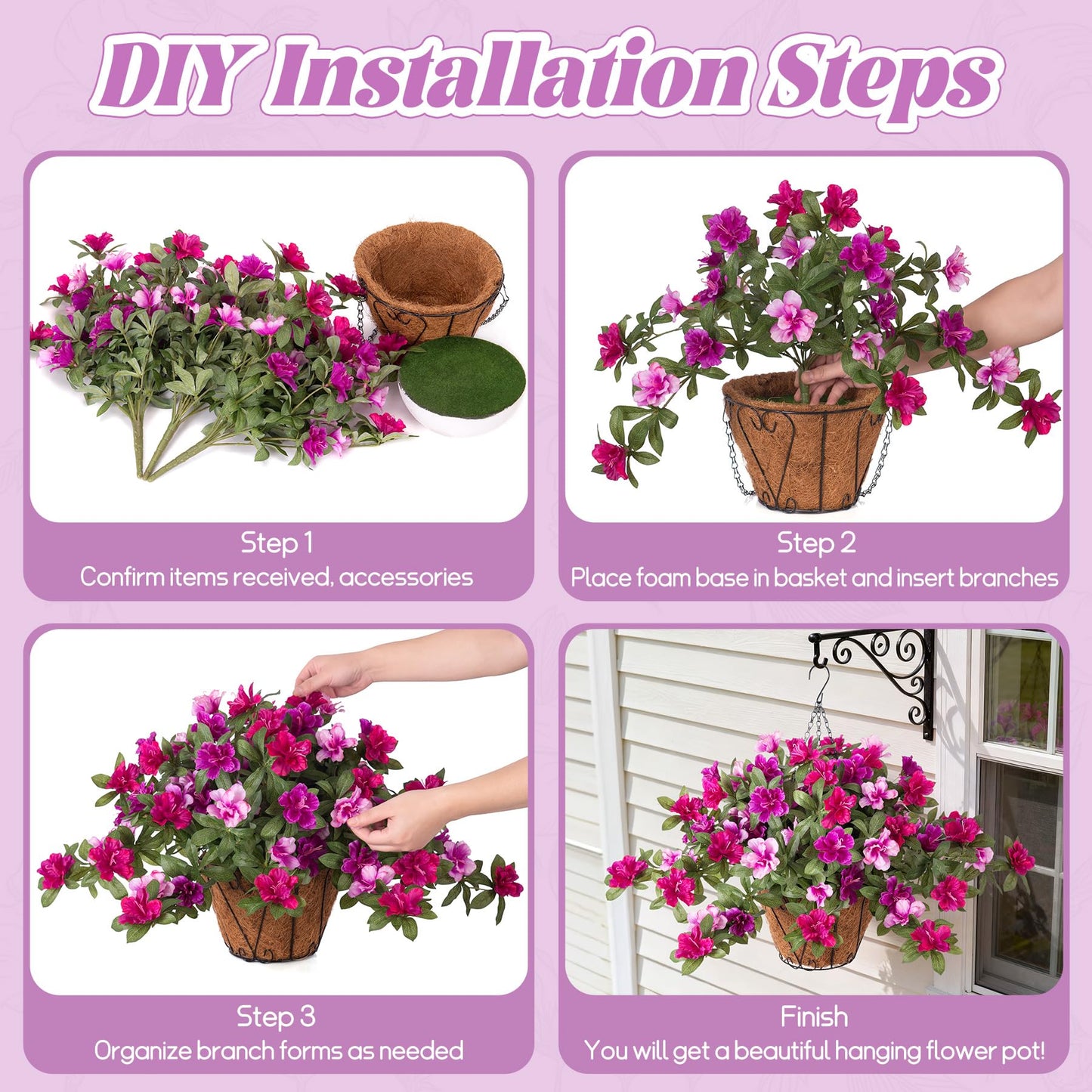 Ammyoo Artificial Hanging Flowers for Outdoors Hanging Baskets, 3 Pcs Fake Silk Flower with Hanging Baskets Planter for Spring Summer Garden Porch Patio Yard Outside Decor