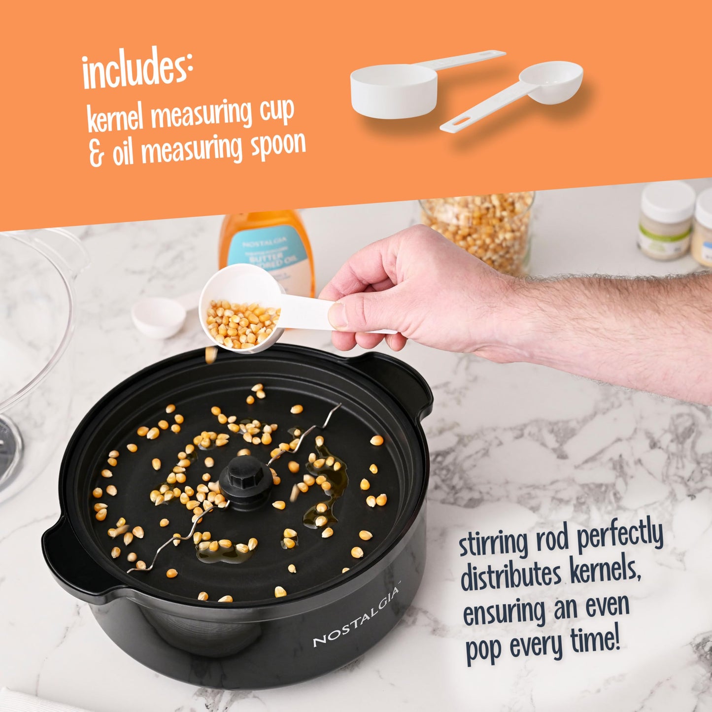 Nostalgia Classic Electric Stirring Popcorn Maker, Makes 8 Cups, Large Lid Doubles as Serving Bowl, Quick Heat Technology, for Kettle Corn and Roasted Nuts, Black