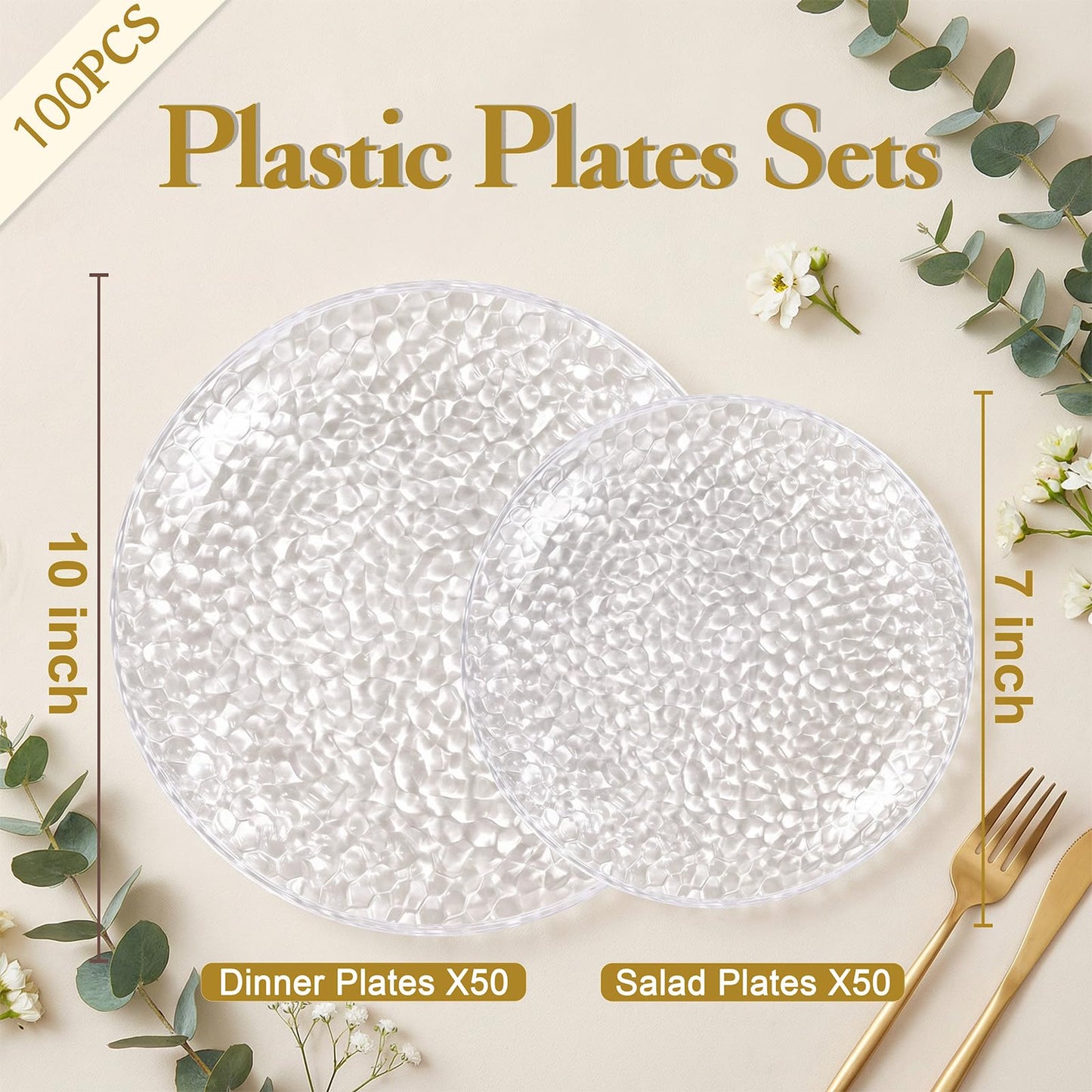Rubtlamp 100Pcs Clear Plastic Plates, Heavy Duty Party Plates, Hammered Disposable Plates Include 50 Clear Fancy Dessert Plate, 50 Dinner Plate for Wedding Party