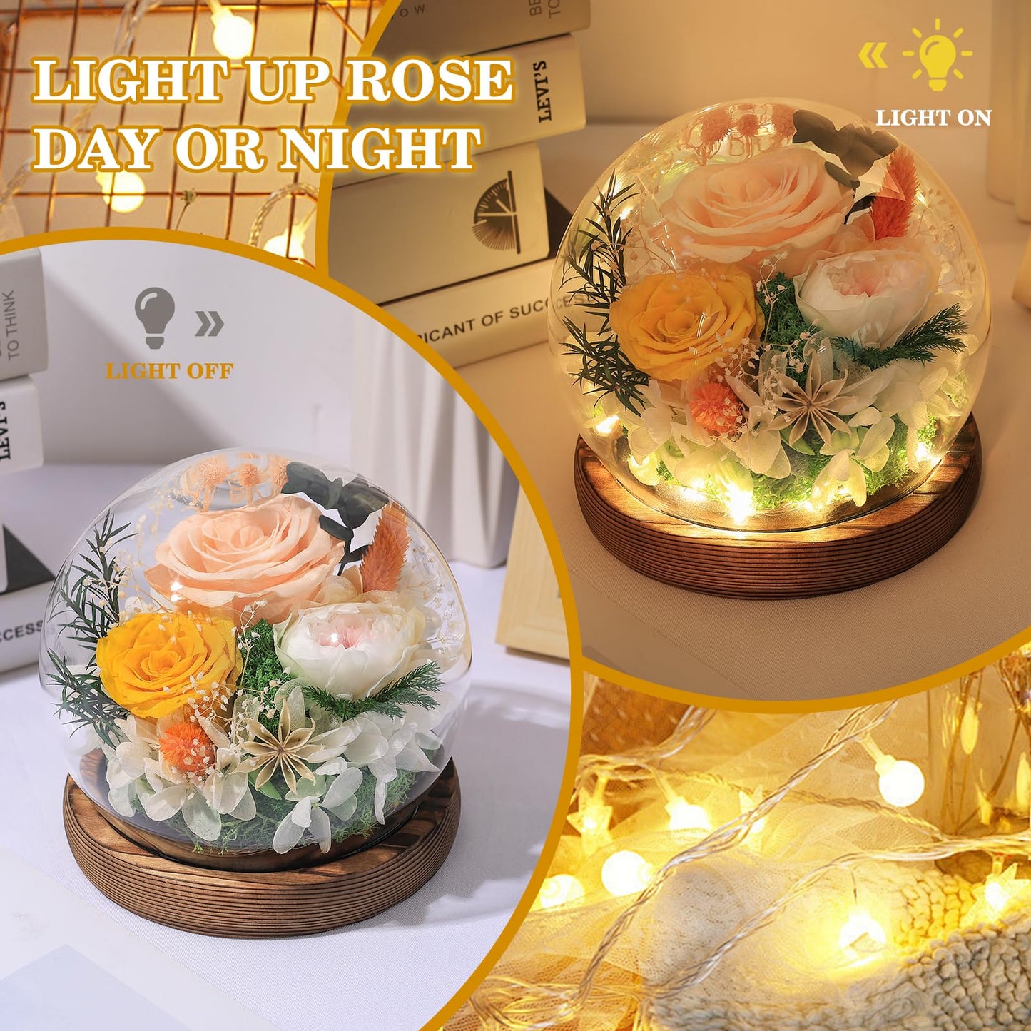FIACO Gifts for Mom Flowers for Delivery Birthday Gifts for Women Grandma Forever Preserved Eternal Rose in Glass Dome Mother Days Valentines Anniversary for Girlfriend Wife Her, Champagne