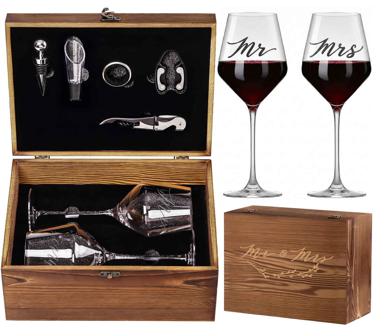 SIPBYSOP Wedding/Anniversary/Engagement/Bridal Shower and Bachelorette Gifts for Couples,Bride & Newlywed, Engraved Mr and Mrs Wine Glasses with 5-Piece Wine Accessory Kit