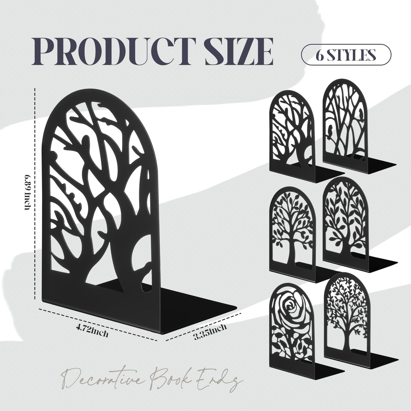Feifeiya 6 Pairs Decorative Book Ends Metal Bookends for Shelves Black Metal Heavy Duty Book Ends Holder Supports Stoppers for Home Office School, 6.9x4.9x3.5”(Tree and Flower)