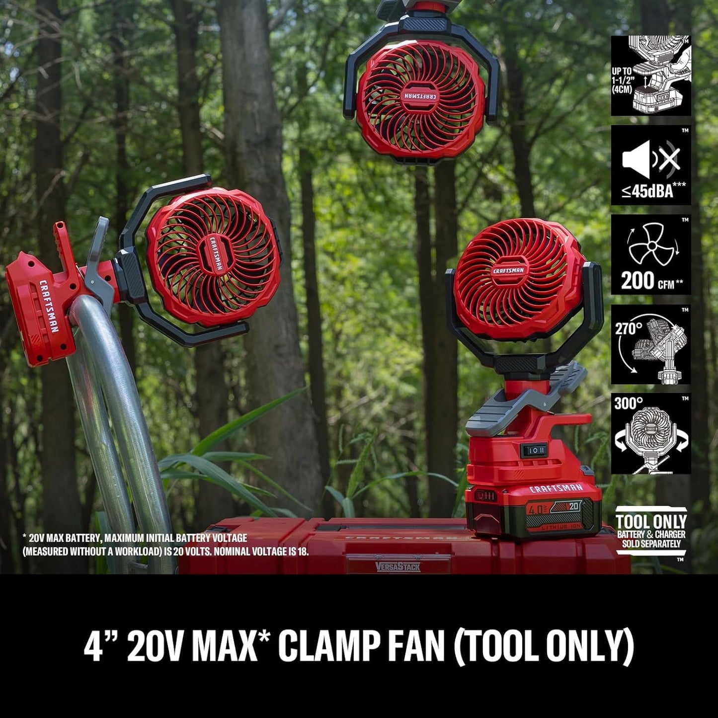 CRAFTSMAN Portable Clip on Fan Rechargeable (Tool Only), Small Personal Clamp Fan Battery Powered 4" 20V for Stroller Desk Table Home Office Outdoor Travel Camping Tent, CMXEFXA520402