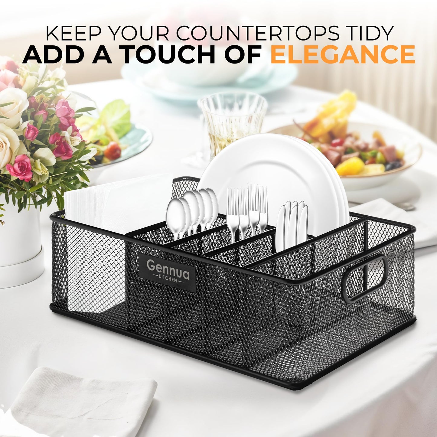 Gennua Kitchen Paper Plate Organizer for Cabinet, Counter, Picnics, Parties & More, Extra Large Utensil Caddy Crafted of Thick Iron Mesh With 6 Compartments for Paper Plates & Plastic Silverware