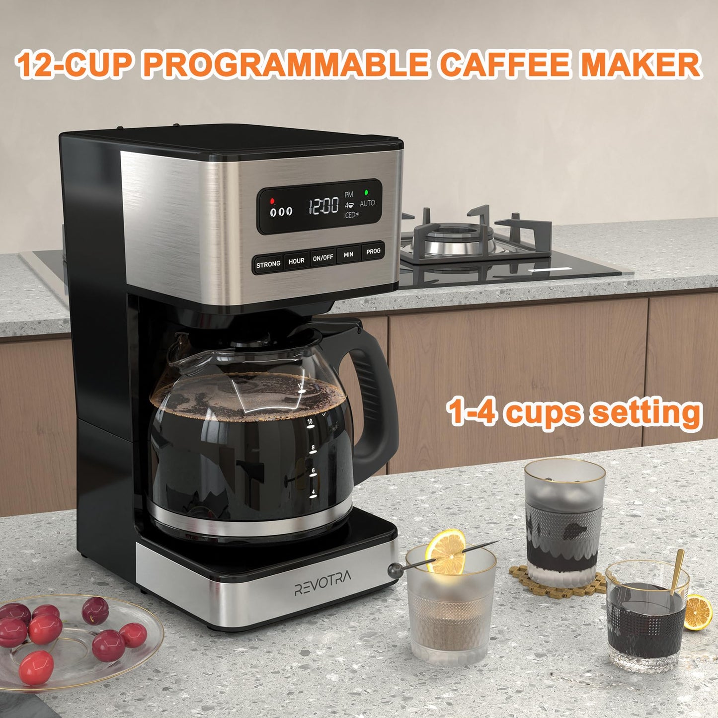 REVOTRA 12 Cup Programmable Coffee Maker, Hot and Iced Coffee Makers, Regular & Strong Brew Drip Coffee Machine, 1-4 Cup, 24H Timer, Auto Shut-Off, Keep Warm, Pause & Serve
