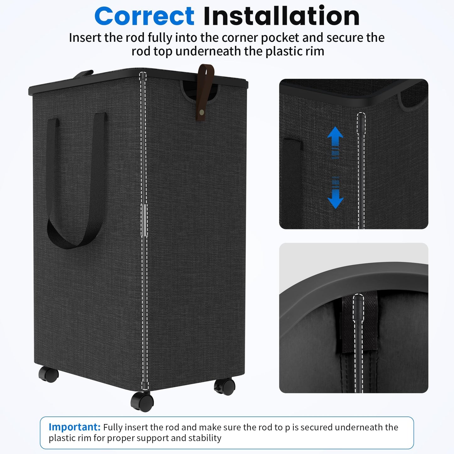 Laundry Basket with 5 Wheels, Tall Dirty Laundry Hamper, Rolling Laundry Basket with Lid, Collapsible Clothes Hamper for Bathroom Bedroom Dorm Laundry Room, Deep Gray, 75L