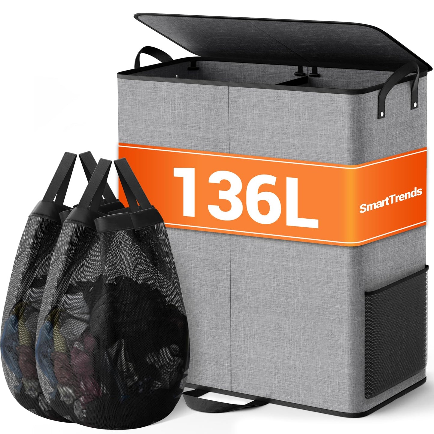 SmartTrends Large Double Laundry Hamper with Lid, Removable Bags & Reinforced Handles, 2 Section Tall Laundry Basket, Dirty Clothes Hampers for Laundry Room, Bedroom, Bathroom, Dorm, 136L, Gray
