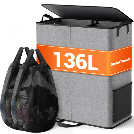 SmartTrends Large Double Laundry Hamper with Lid, Removable Bags & Reinforced Handles, 2 Section Tall Laundry Basket, Dirty Clothes Hampers for Laundry Room, Bedroom, Bathroom, Dorm, 136L, Gray