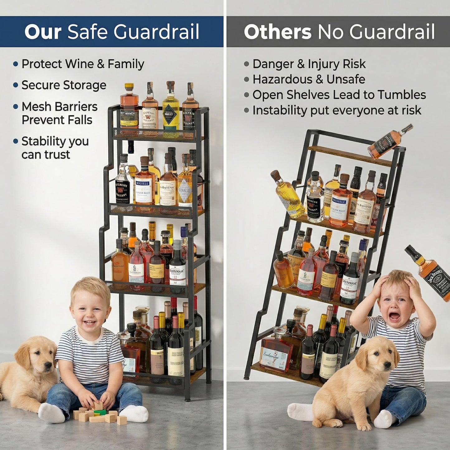 Hayexiha 4-Tier Stepped Freestanding Wine Rack, Large Capacity Liquor Cabinet with Anti-Fall Guardrails and Rounded Corners, Bottle Display Shelf & Mini Bar for Living Room, Home Bar, Kitchen Corner