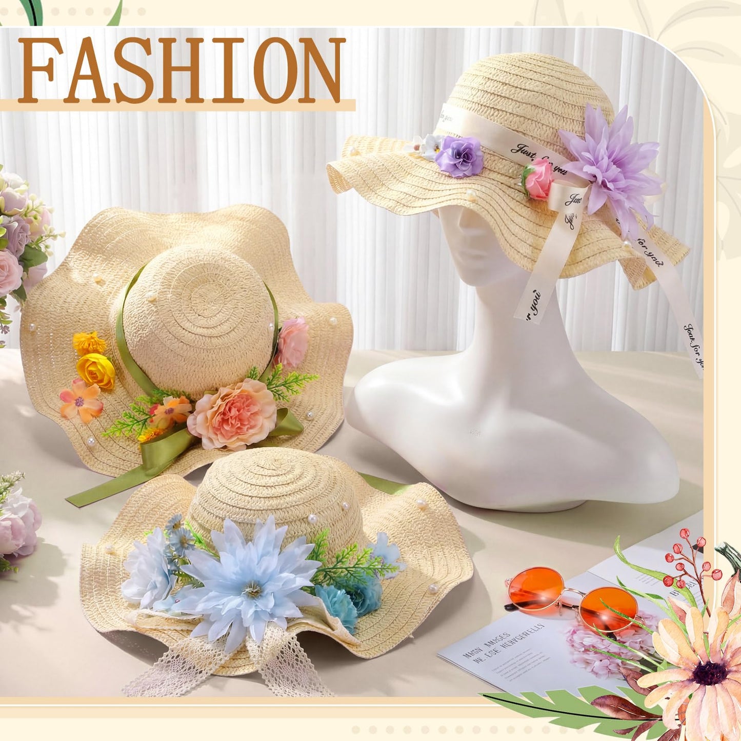 Funnysoft 6 Sets DIY Tea Party Straw Hats Kit DIY Straw Hat for Women Blank Sun Hats with Faux Flower Lace Ribbon for Adults Dress Up Party Camping Picnic Beach Trip Favor Crafts (Vivid Flower)