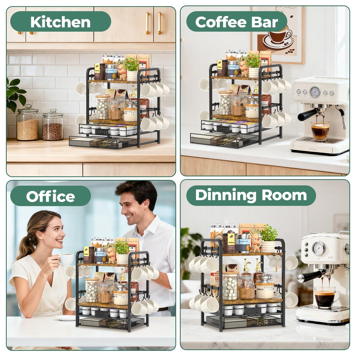 EsLuker.ly Coffee Bar Organizer Station Shelf Mug Holder for Countertop, 4 Tier Mug Holder Stand with 12 Hooks, K Cup Pod Drawer