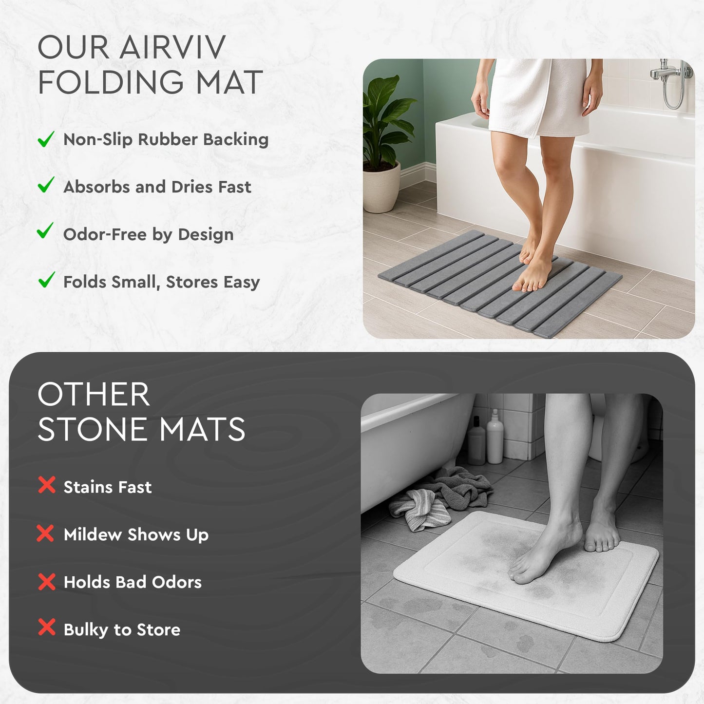 Foldable Stone Bath Mat | 23.6" x 15.4" Diatomaceous Earth Bath Mat with Anti-Slip Rubber Backing | Absorbent Bathroom Mat | Non Slip & Fast Drying Diatomite Stone Mat for Bathroom | Dark Grey