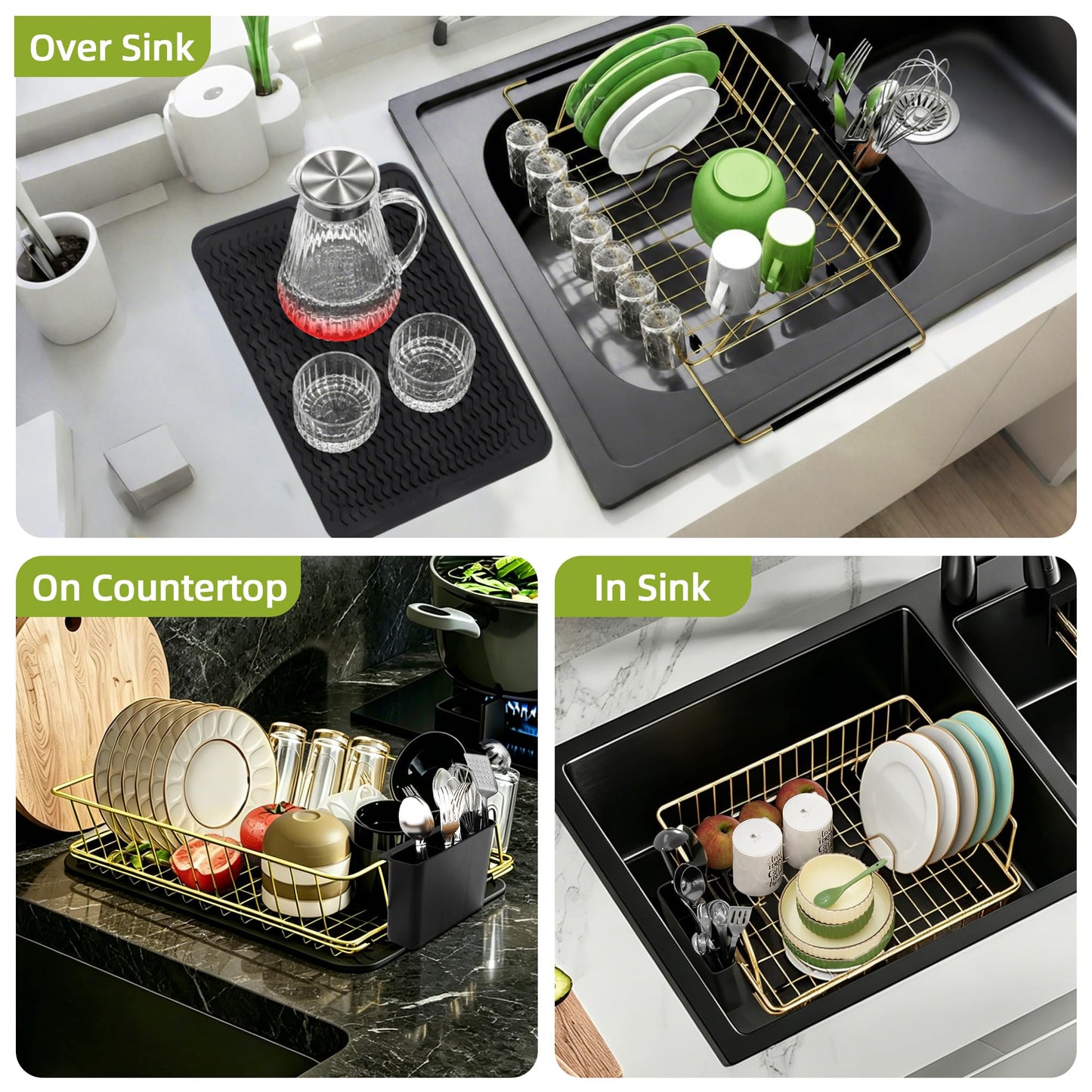 HAYAWEY Golden Expandable Dish Drying Rack with Silicone Drying Mat-Extra Large Stainless Steel Dish Drainer Over The Sink with Utensil Holder, Applicable for Sink Width 16'-22' (Gold,23.2'*12.2')