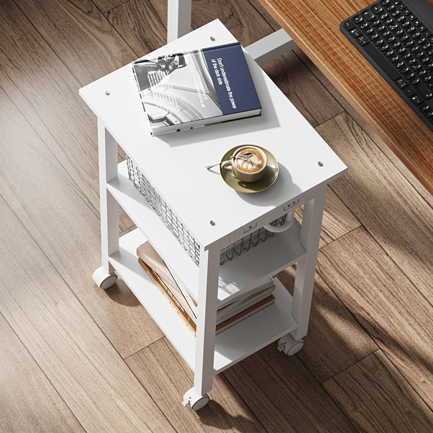 TUTOTAK 3 Tier Printer Stand, Rolling Printer Cart with Power Outlets and USB Ports, Mobile Printer Table with Wheels, for Under Desk, Office, Home, White PS02BW001