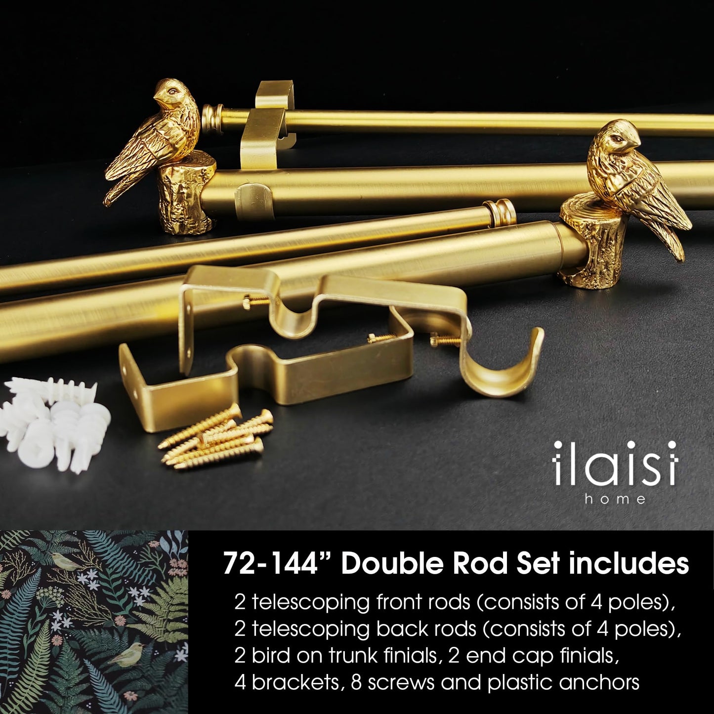 ILAISIHOME 1-1/8 Inch Diameter Brushed Gold Curtain Rod with Bird Design Finials, 72-144'' Telescoping Double Curtain Rods for window width 68-140 inch, Decorative Drapery Rods for Bedroom,Living Room