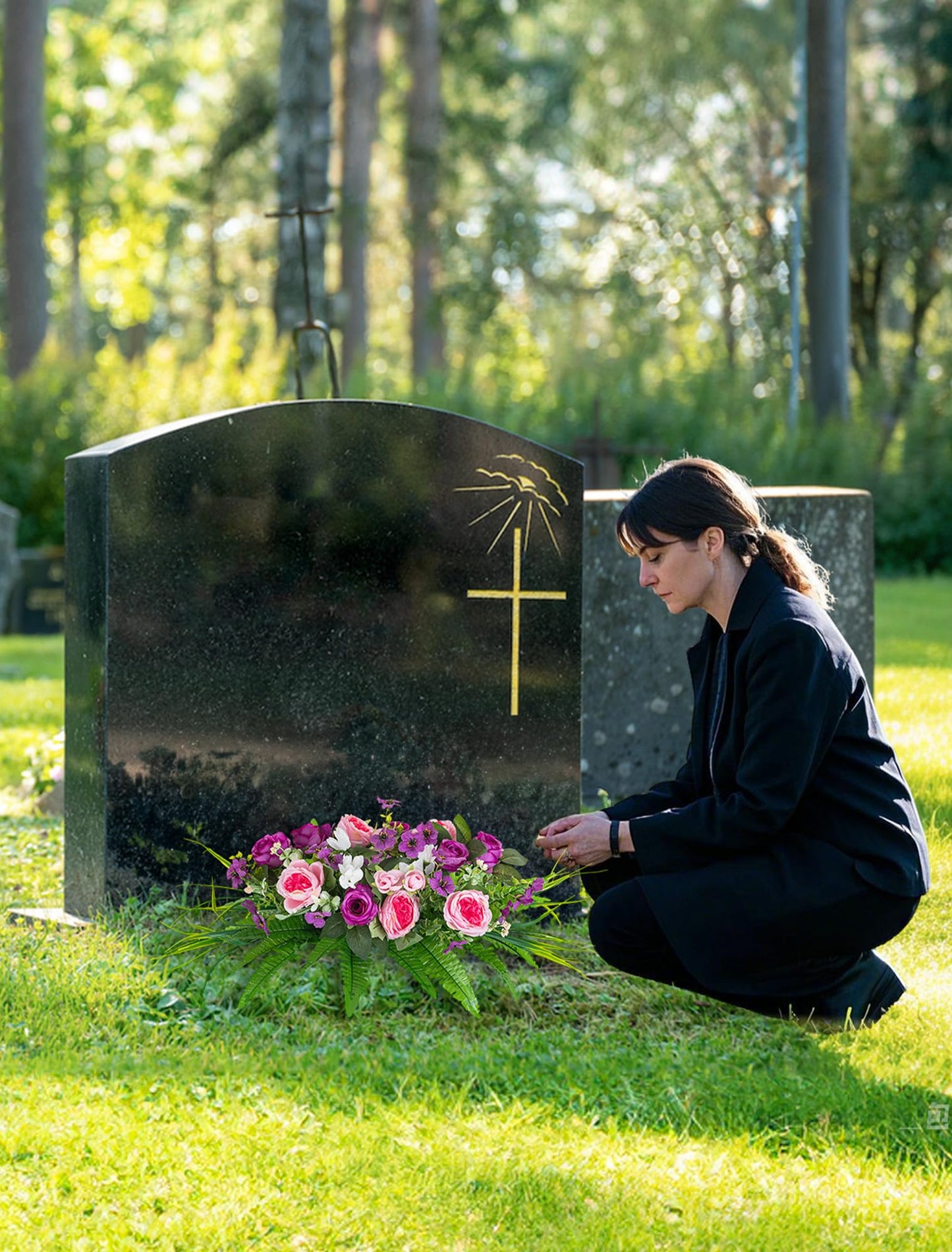Memobloom Artificial Cemetery Flowers with Stake: 1Pc Purple Roses Pink Peonies Realistic Memorial Day Grave Flowers for Cemetery - Outdoor Grave Decorations Funeral Arrangements