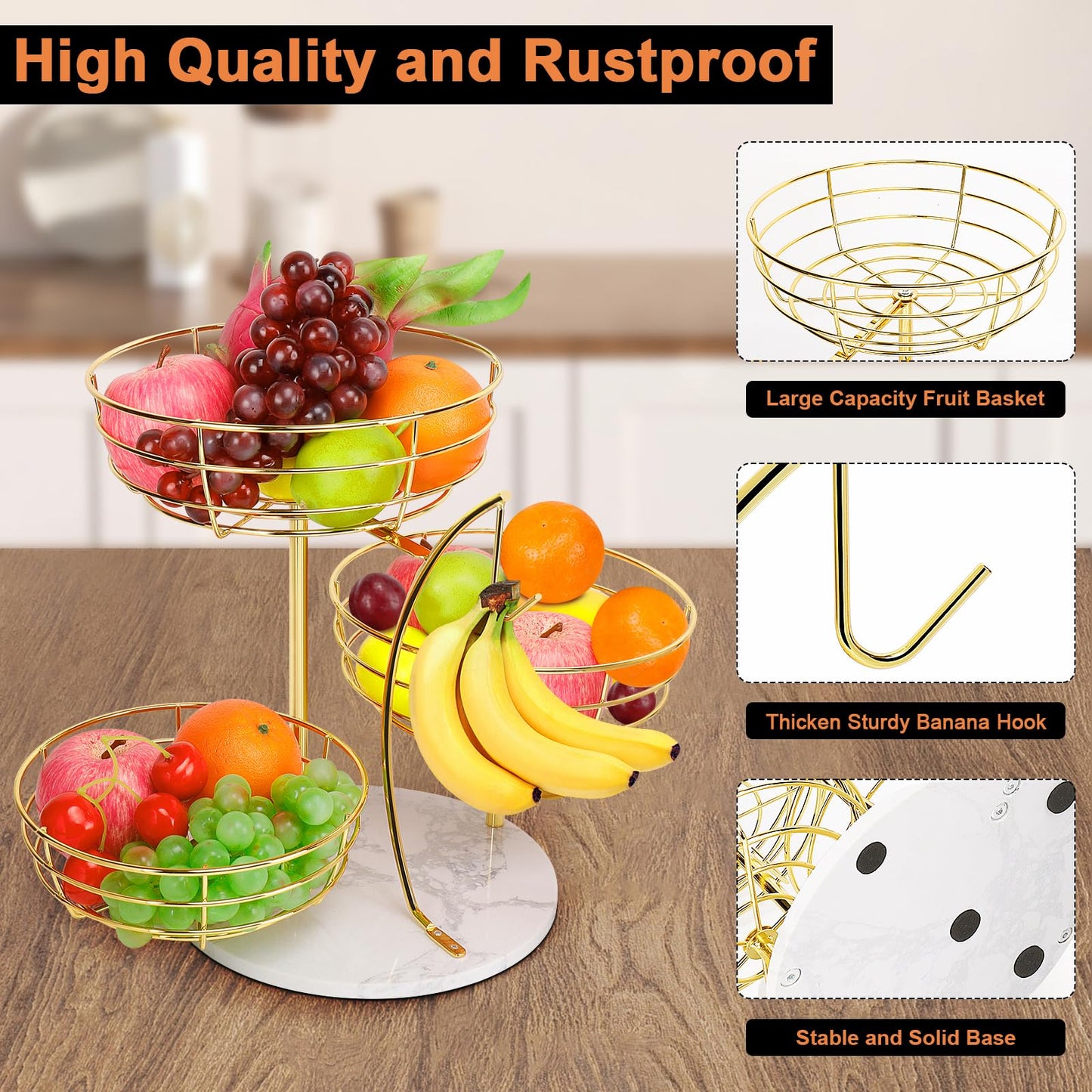 Livabber Fruit Basket Bowl with Banana Hanger, Metal Fruit Vegetable Storage Basket with Banana Holder for Kitchen Counter, Detachable Organizer for Bread Snack Produce (Gold, 3-Tier Marble Base)